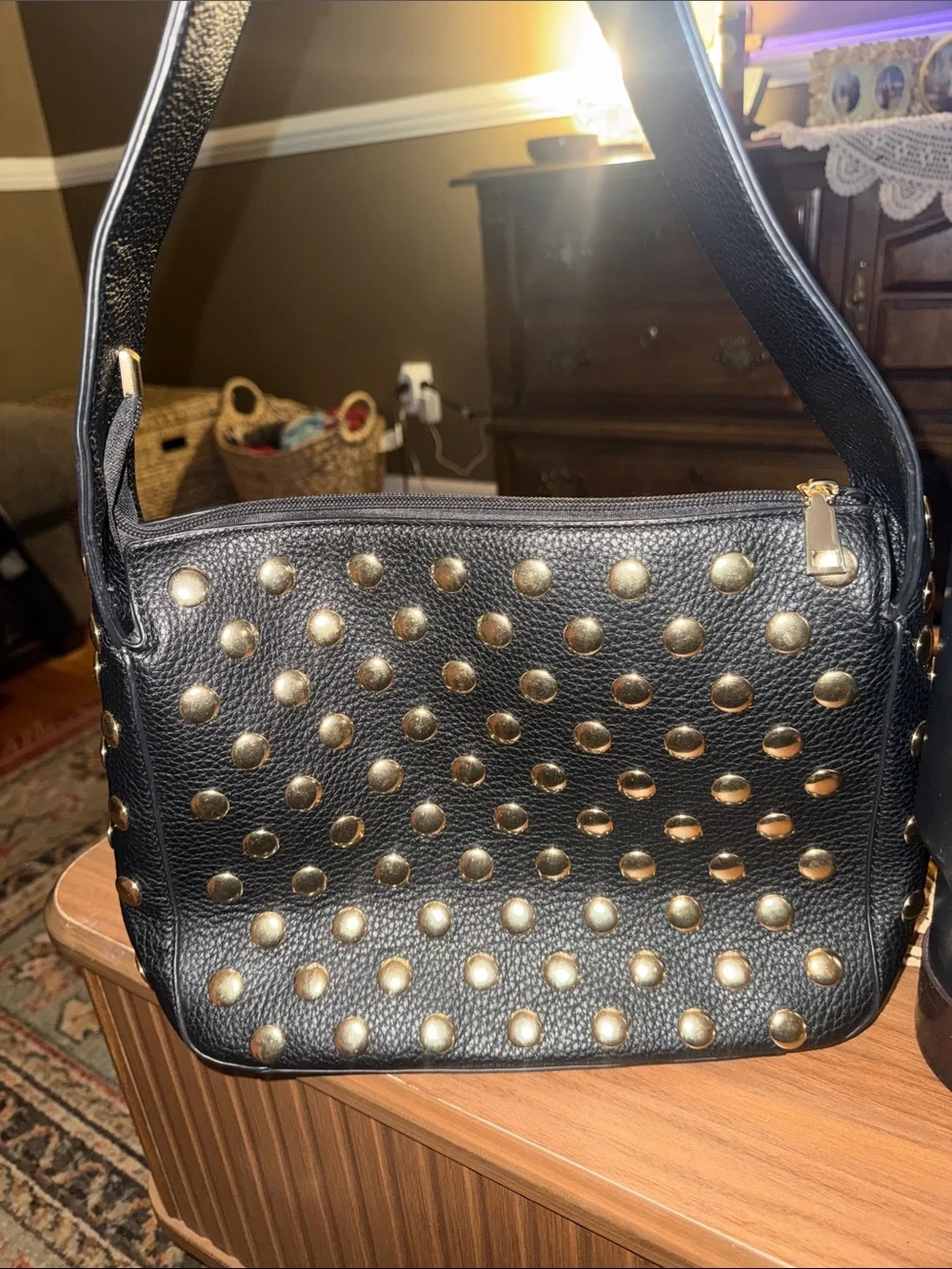 Black Studded Crossbody Bag with Gold Accents